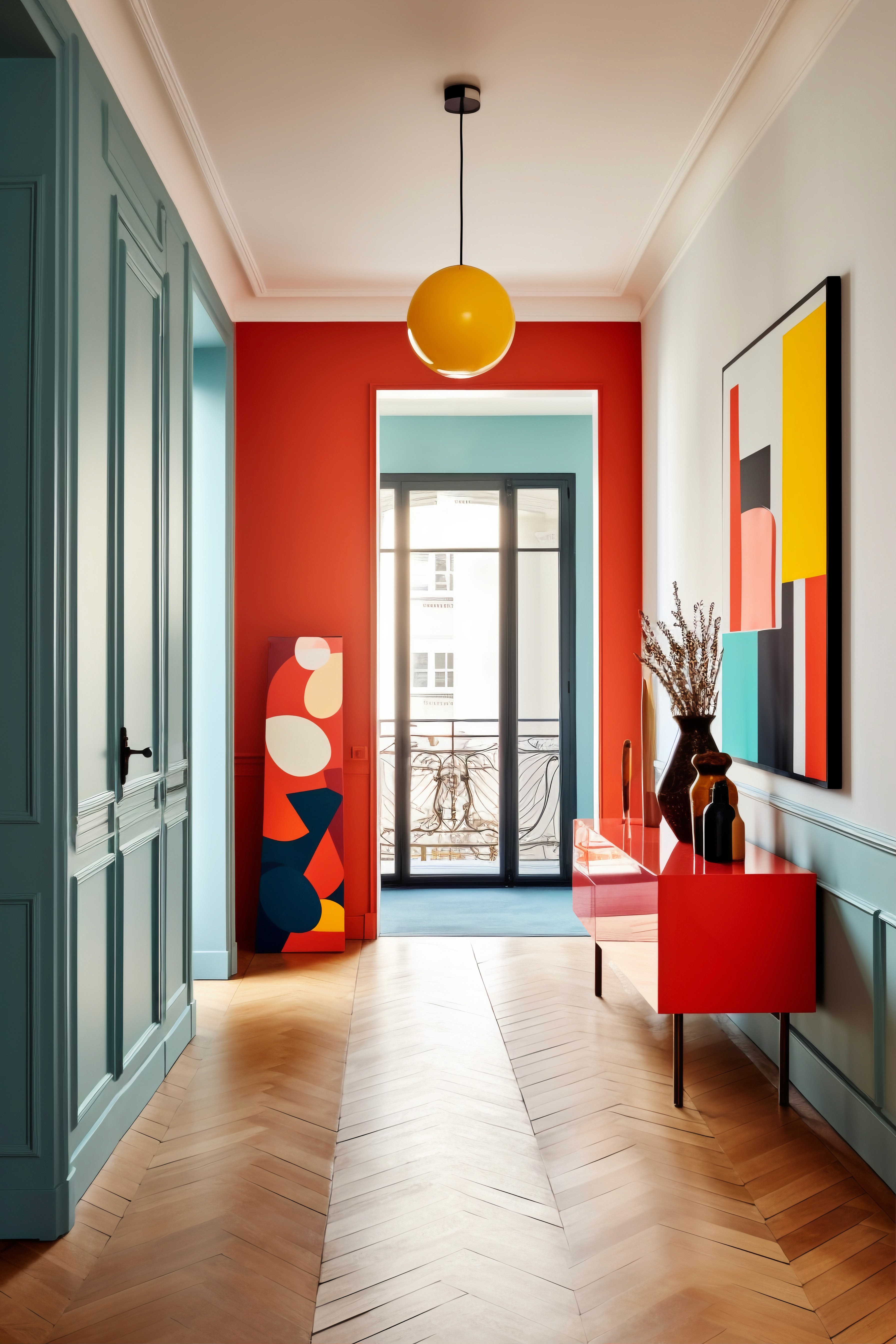 Hallway with red accent wall and colorful artwork