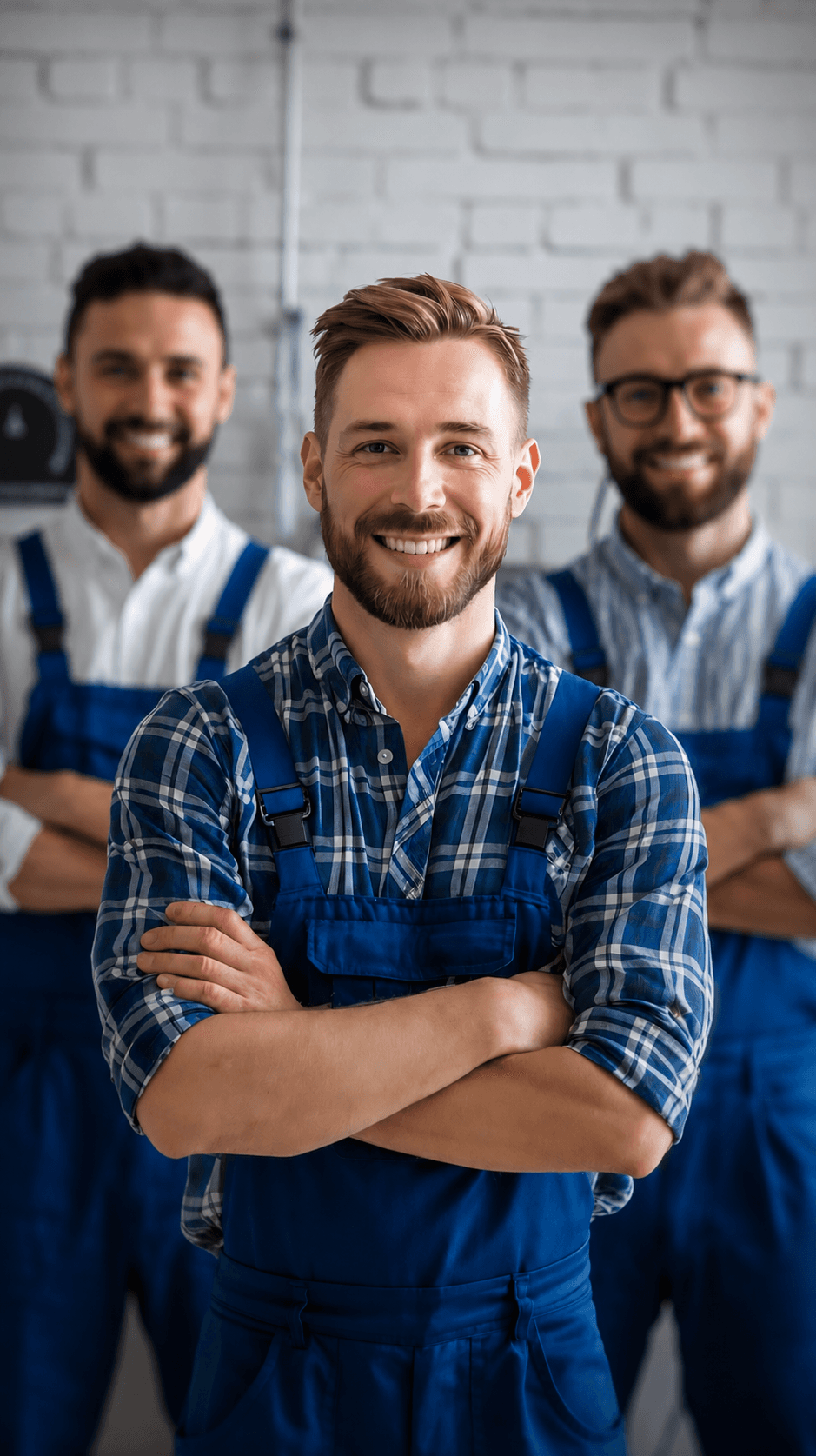 Team of three professional technicians standing confidently in workwear