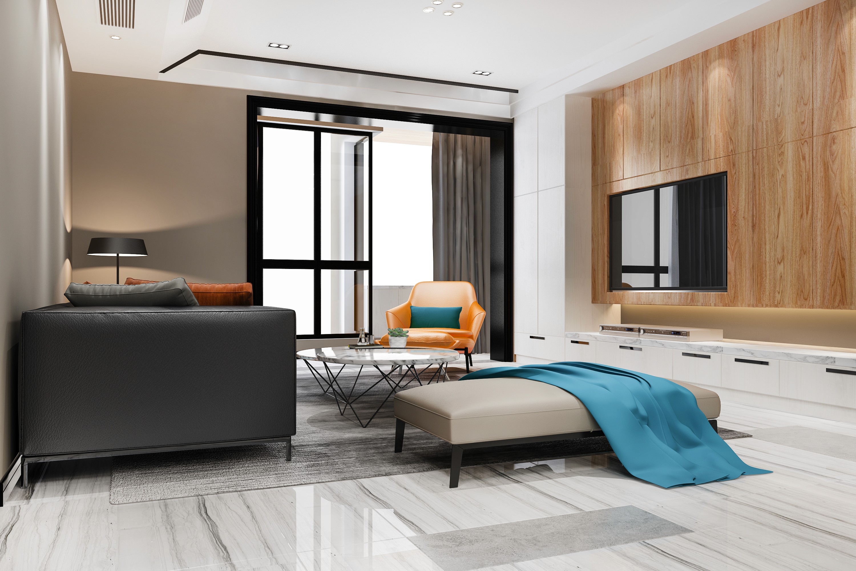 Living room with orange accent chair and teal throw blanket