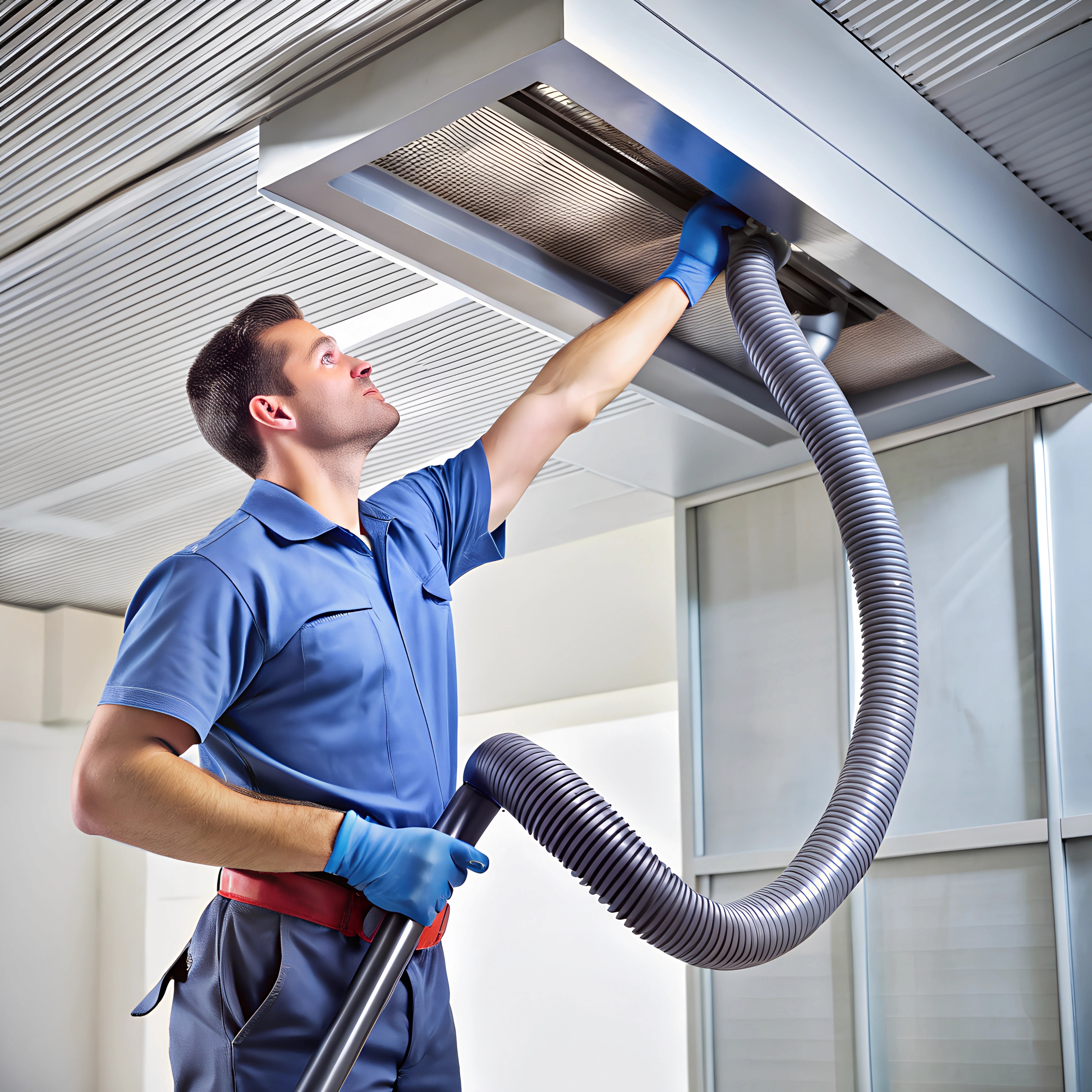 Technician cleaning an overhead ventilation duct