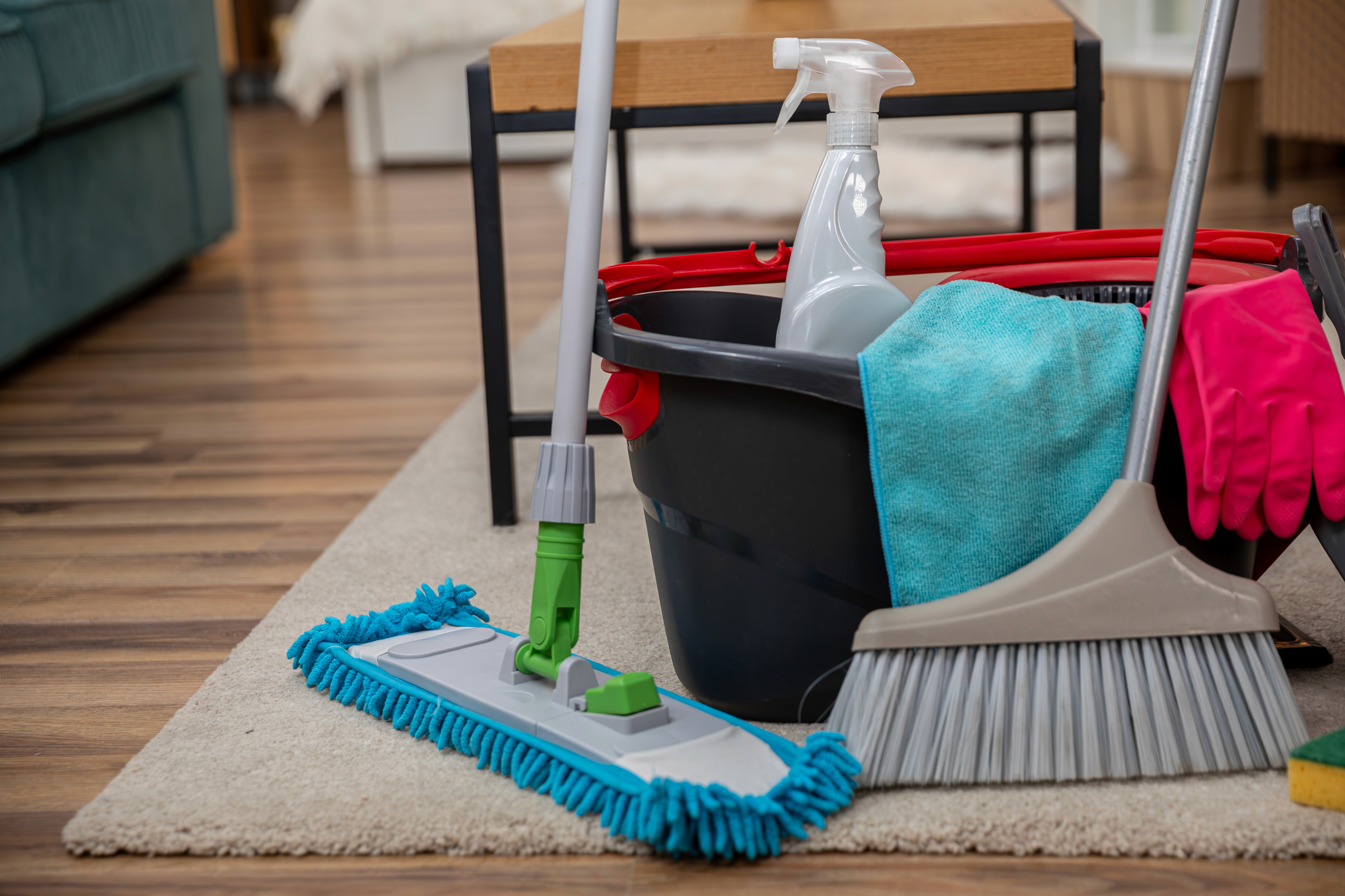 Cleaning supplies including a mop, bucket, and spray bottle