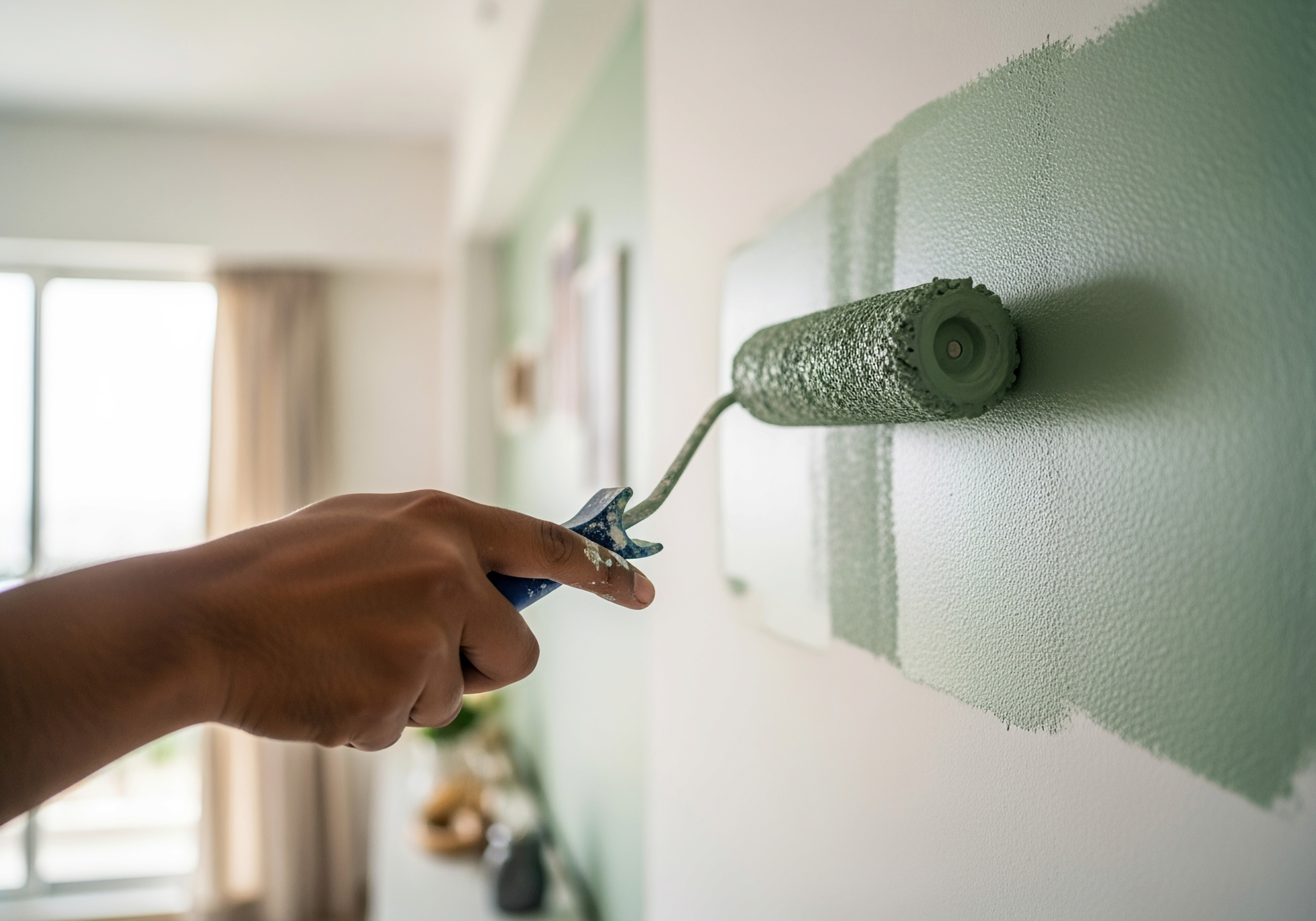 Close-up of a hand rolling green paint on a wall