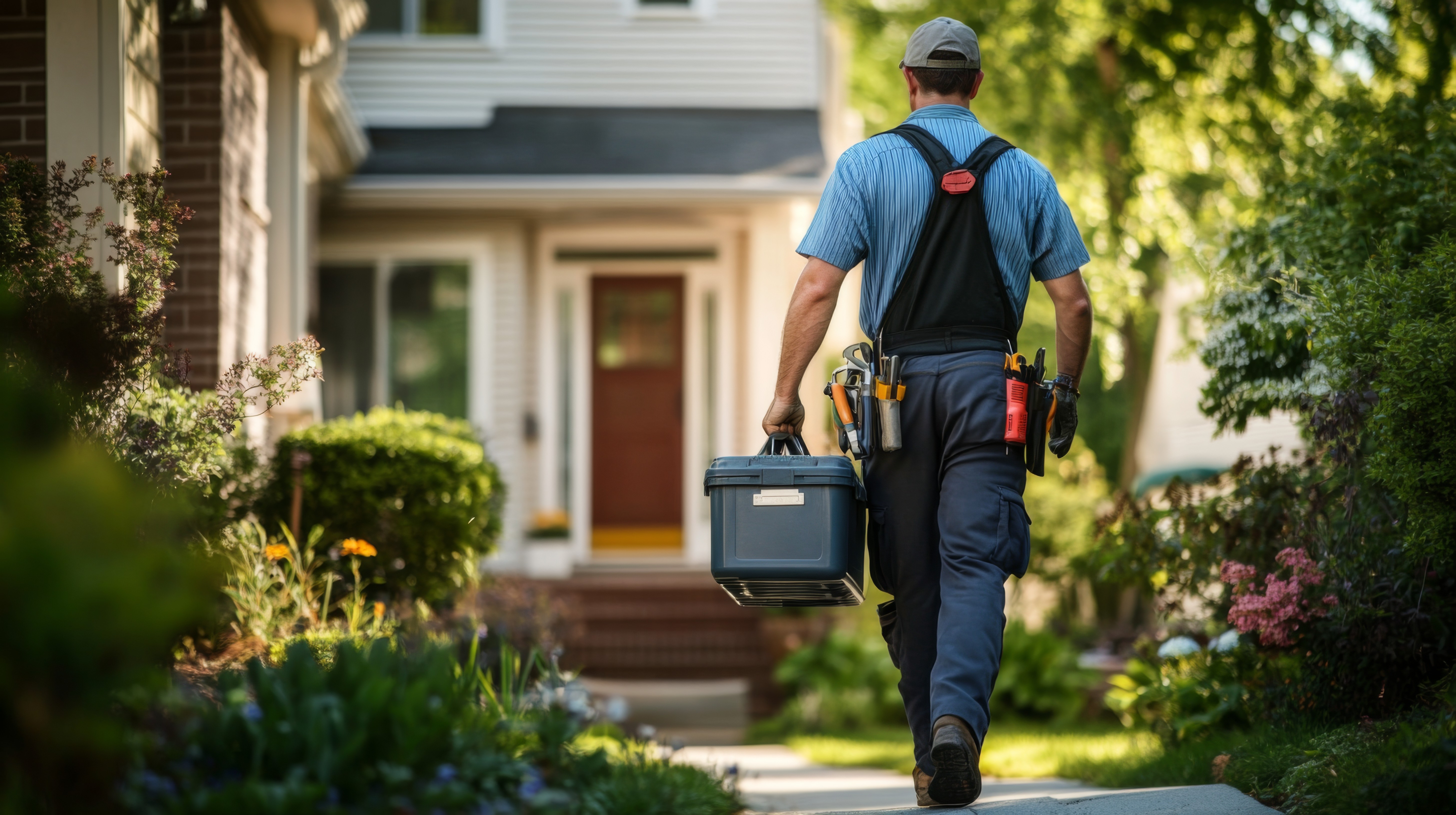 Technician walking toward a home carrying a toolbox