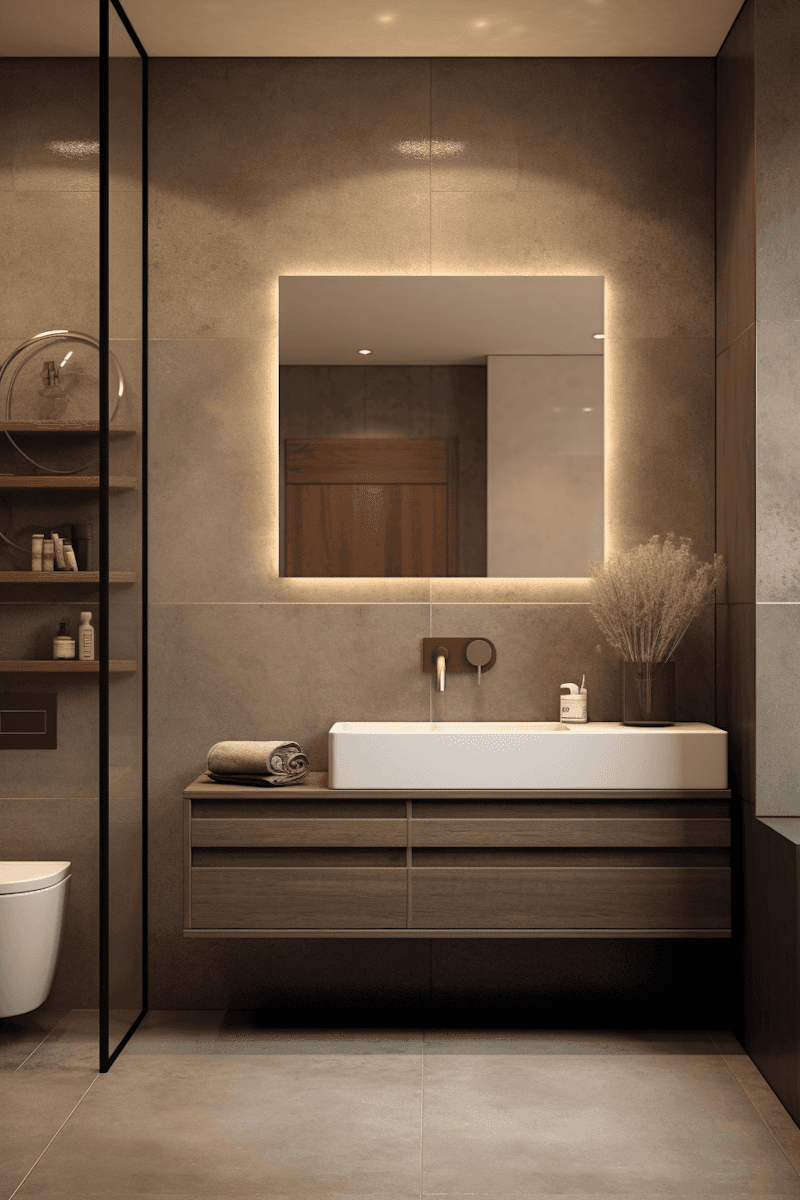 Bathroom vanity with backlit mirror and wood cabinetry
