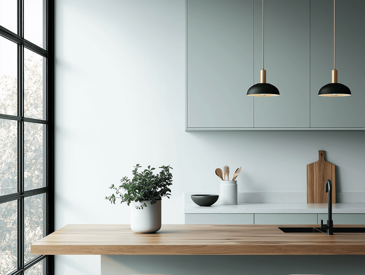 Minimalist white kitchen corner with pendant lighting