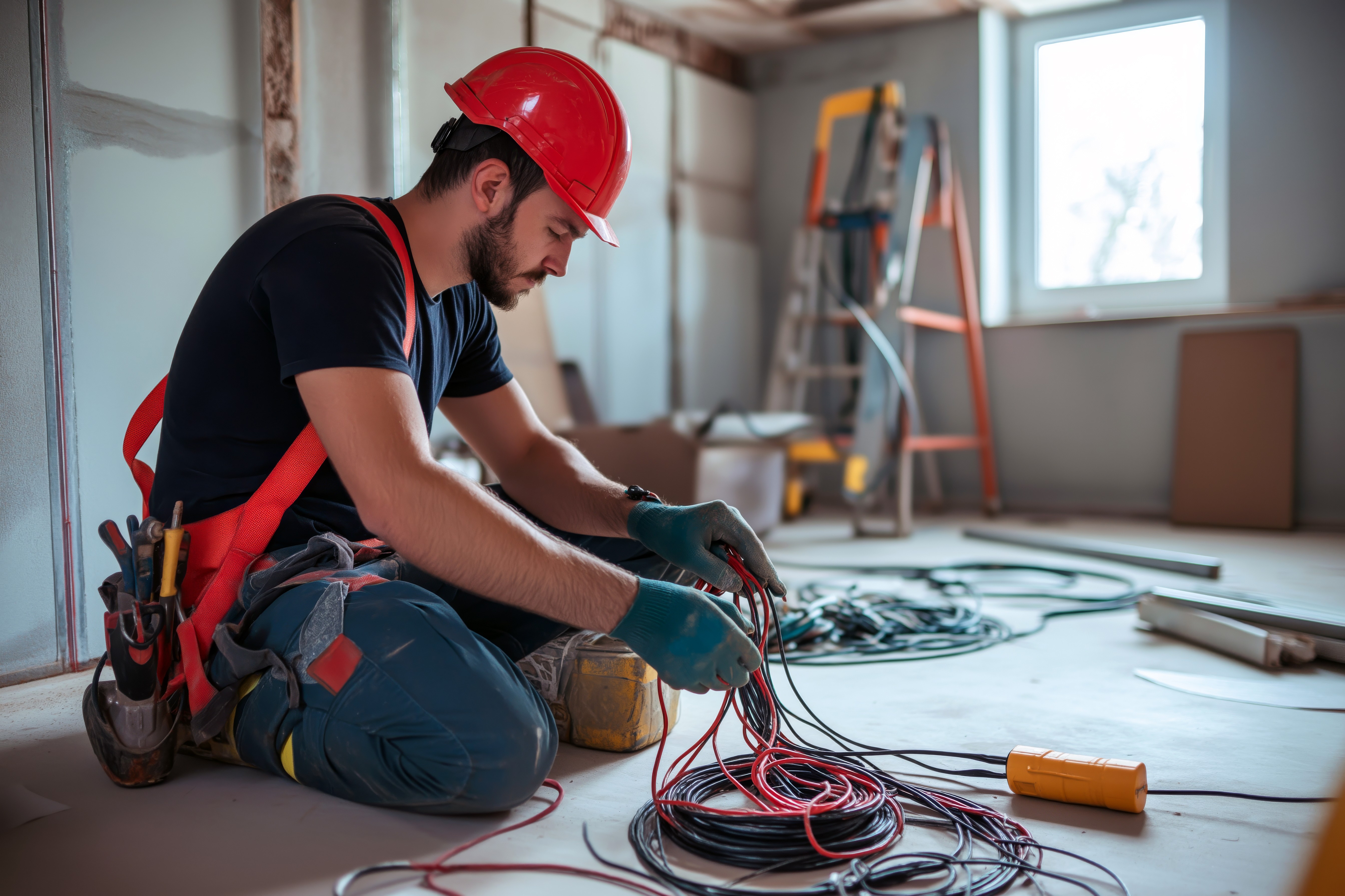 Electrician organizing wiring at a construction site