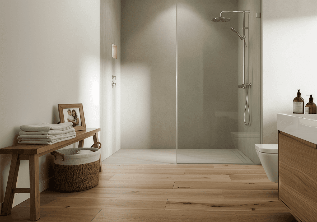 Walk-in glass shower with wood flooring