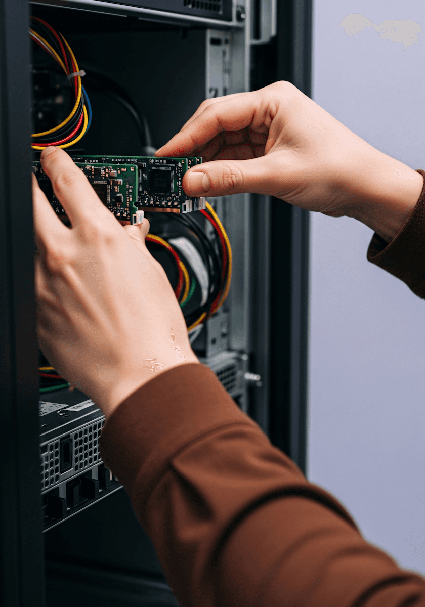 Close-up of hands working on an electrical circuit board