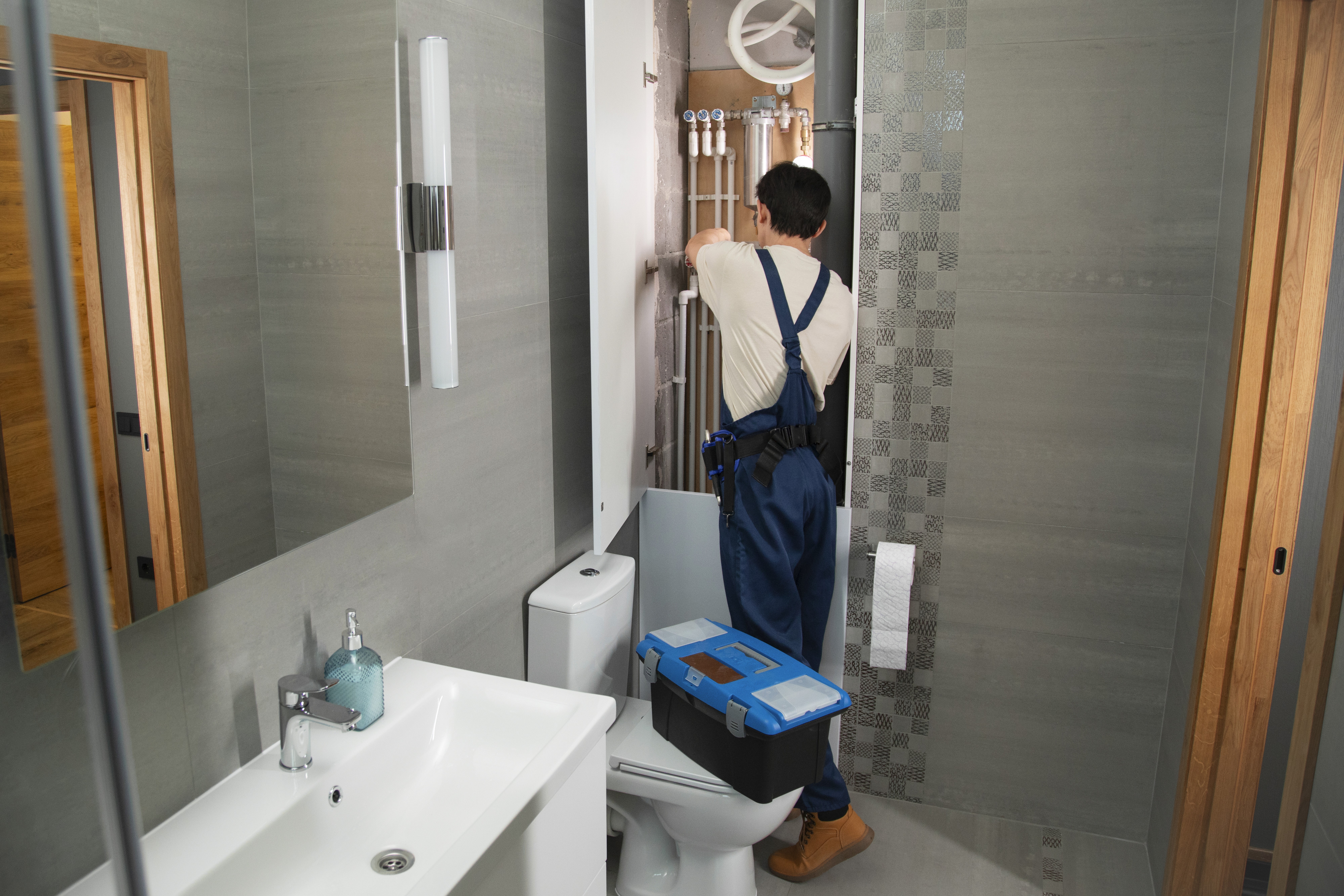 Plumber repairing pipework behind a bathroom wall panel
