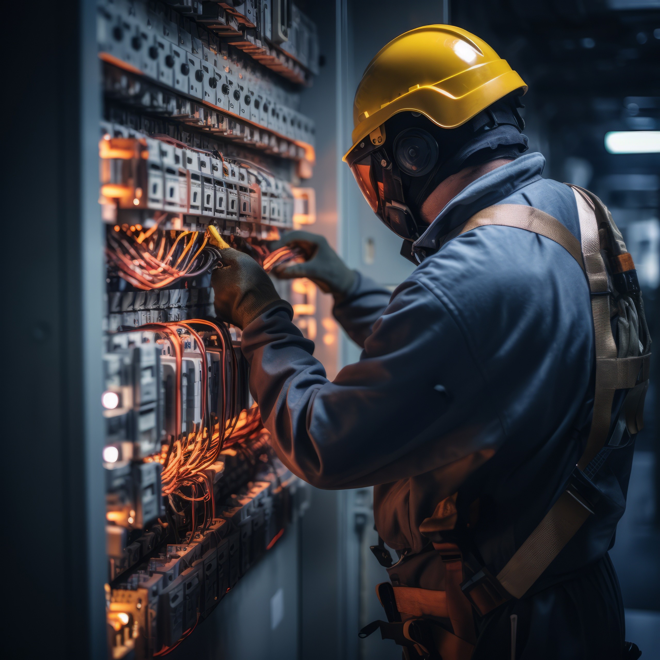 Electrician working on an illuminated electrical panel
