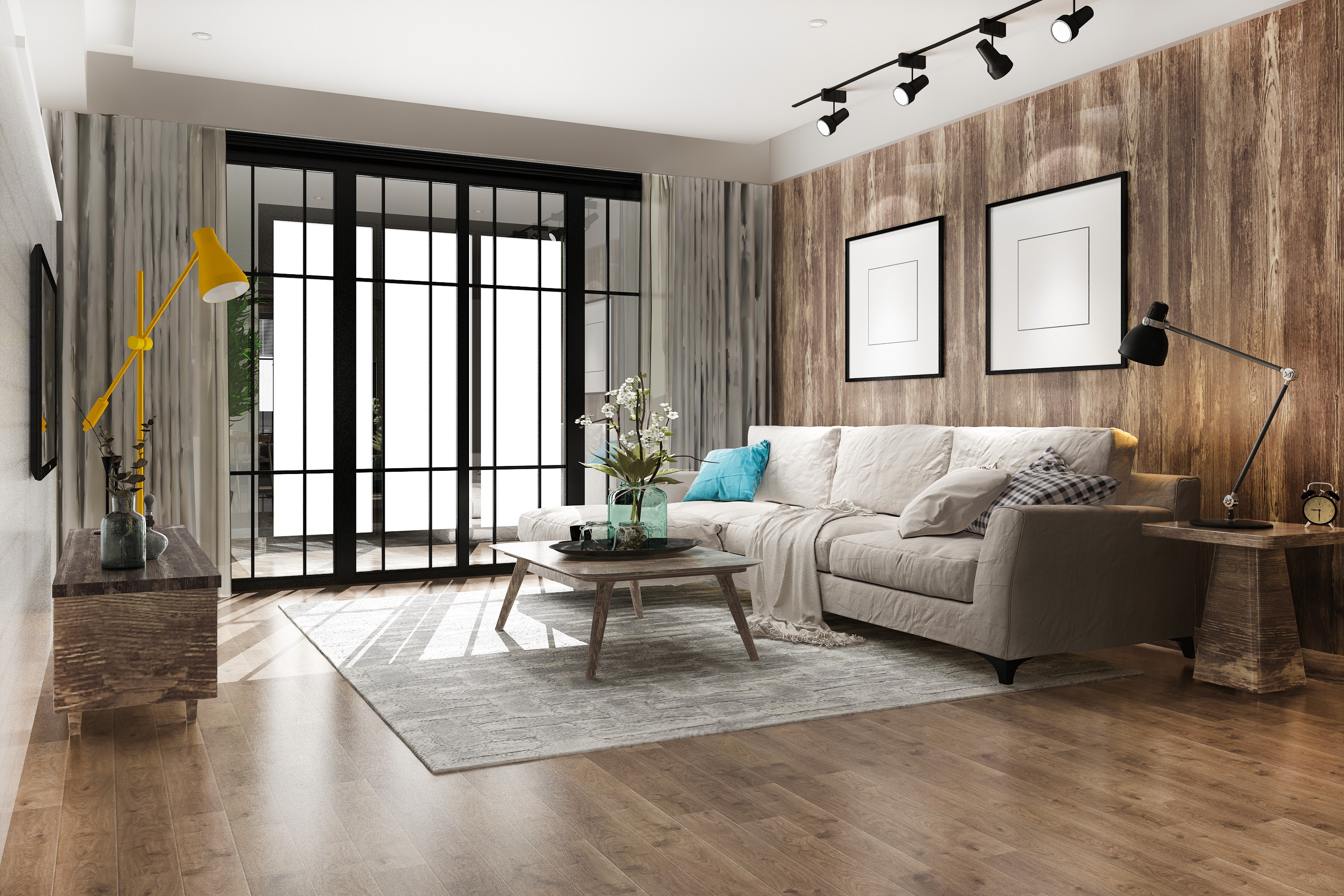 Living room with wood-paneled accent wall and gray sofa