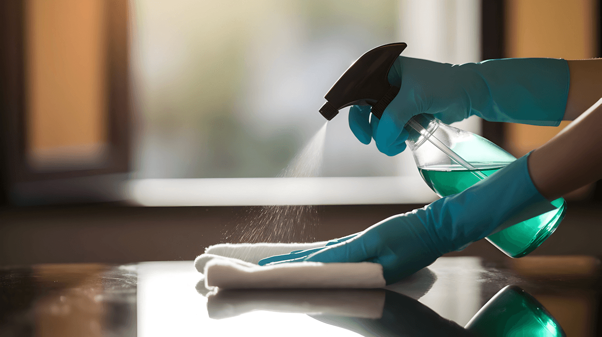 Cleaner spraying and wiping a glass tabletop