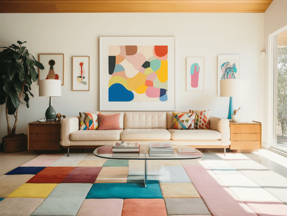 Living room with abstract wall art and colorful pastel rug