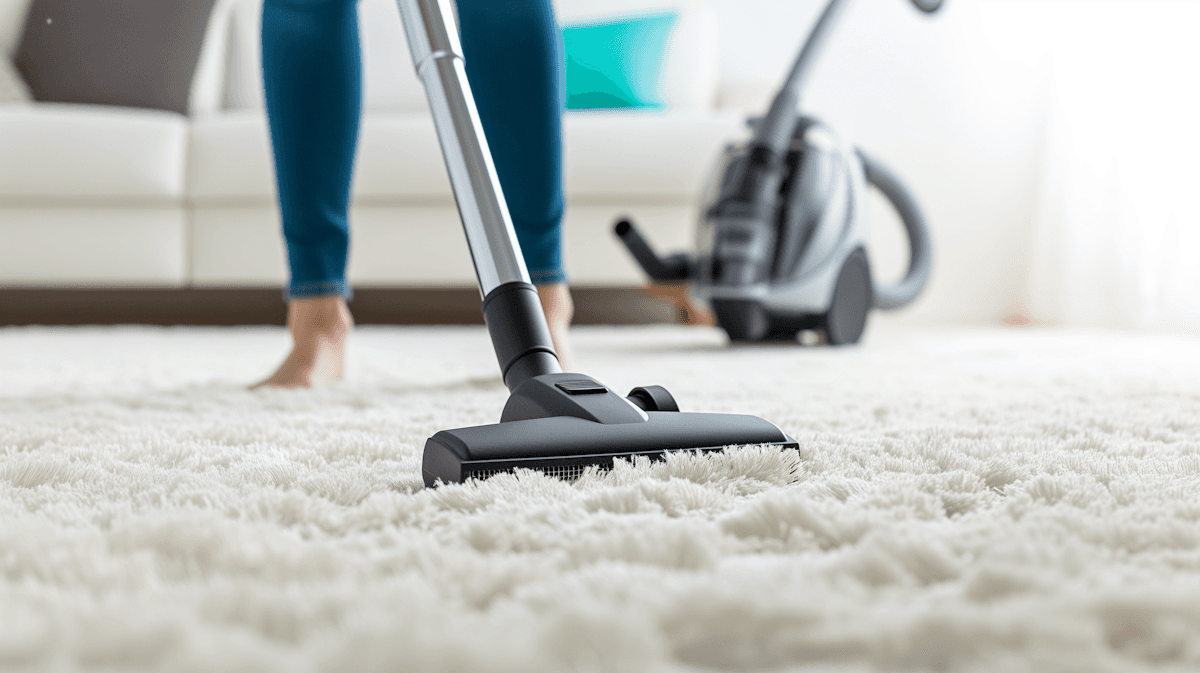 Vacuuming a plush carpet with a vacuum cleaner
