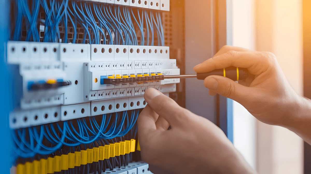 Close-up of hands wiring a circuit breaker panel