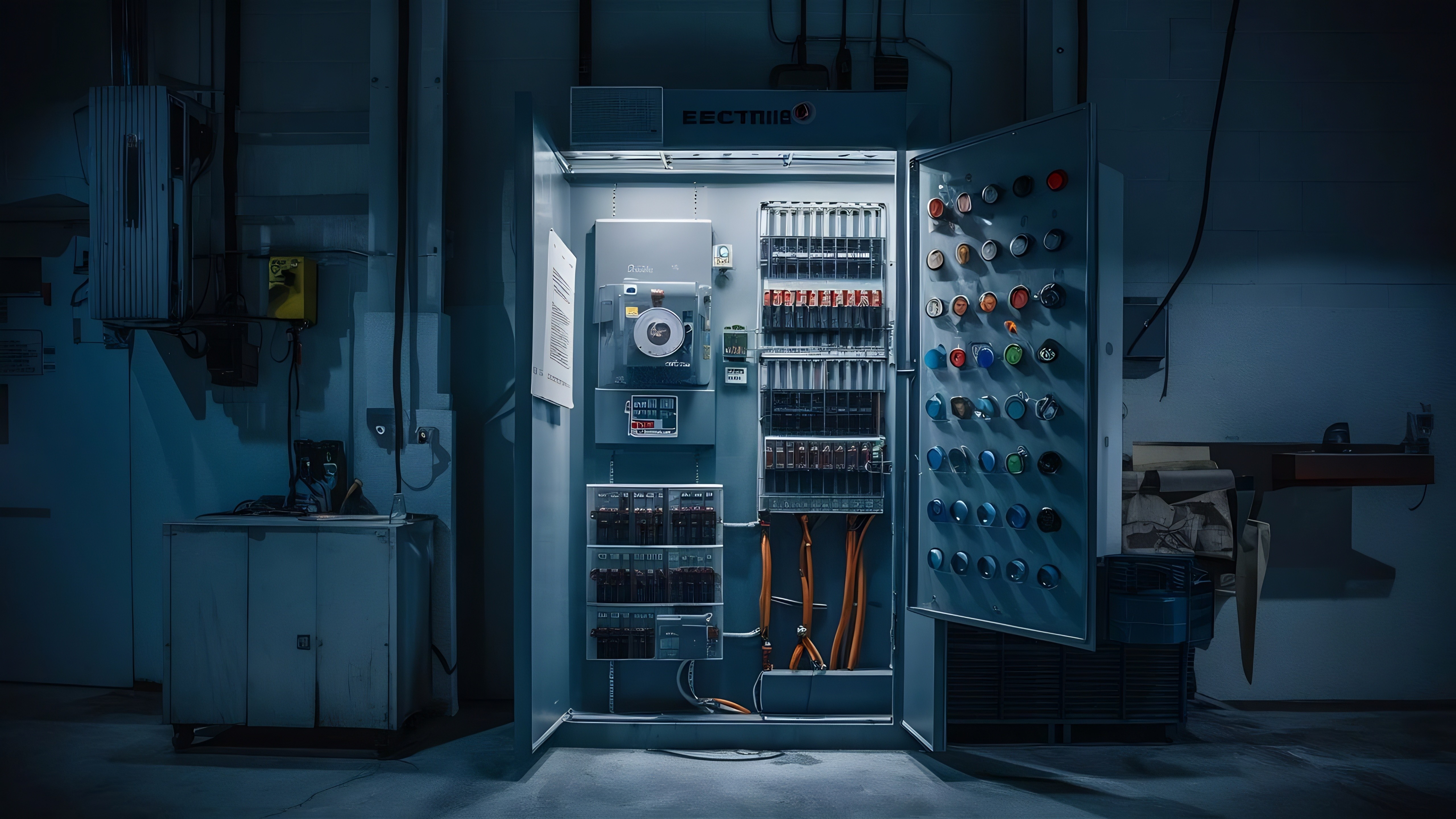 Open industrial electrical panel with wiring