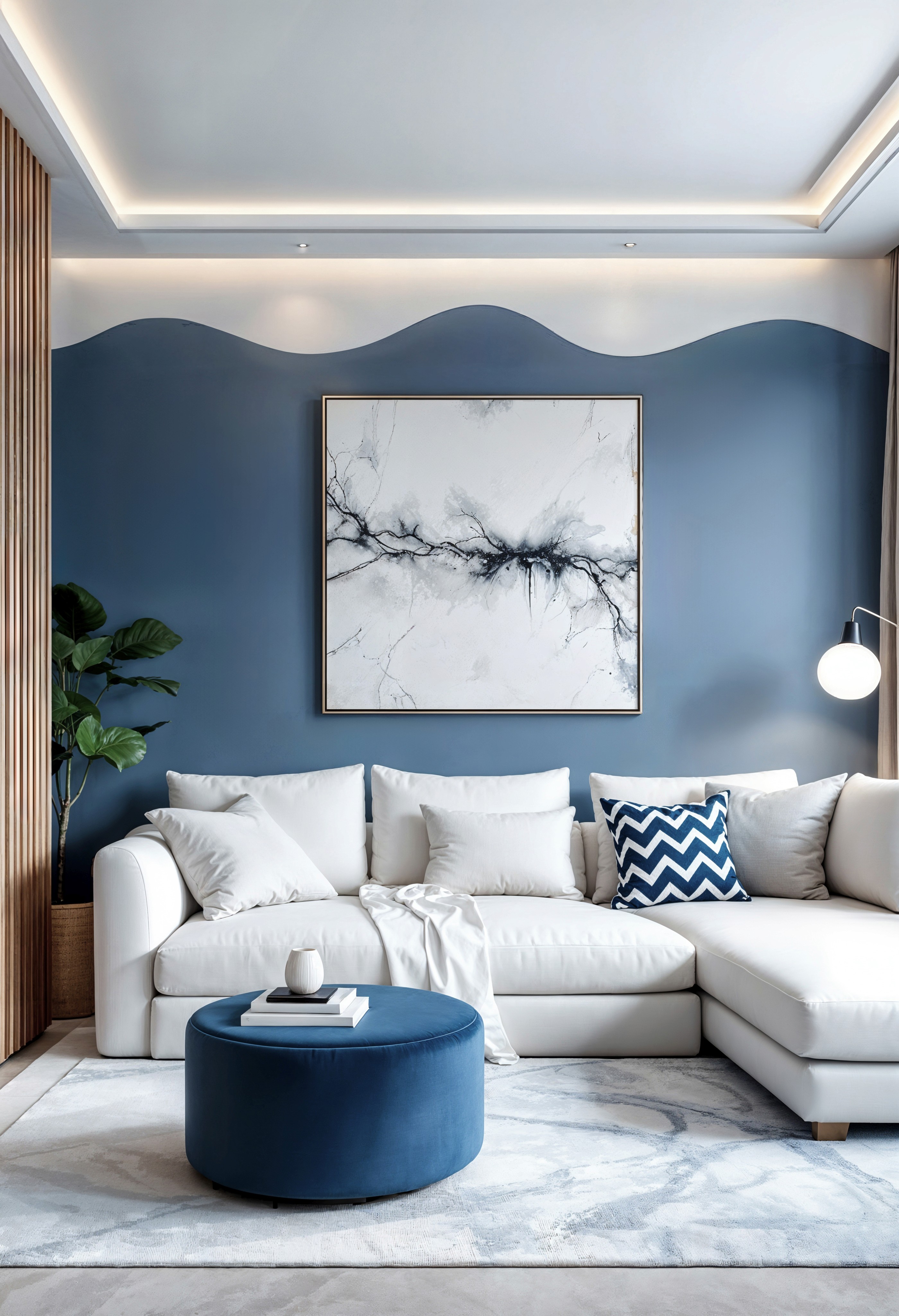 Living room with blue accent wall and framed abstract artwork