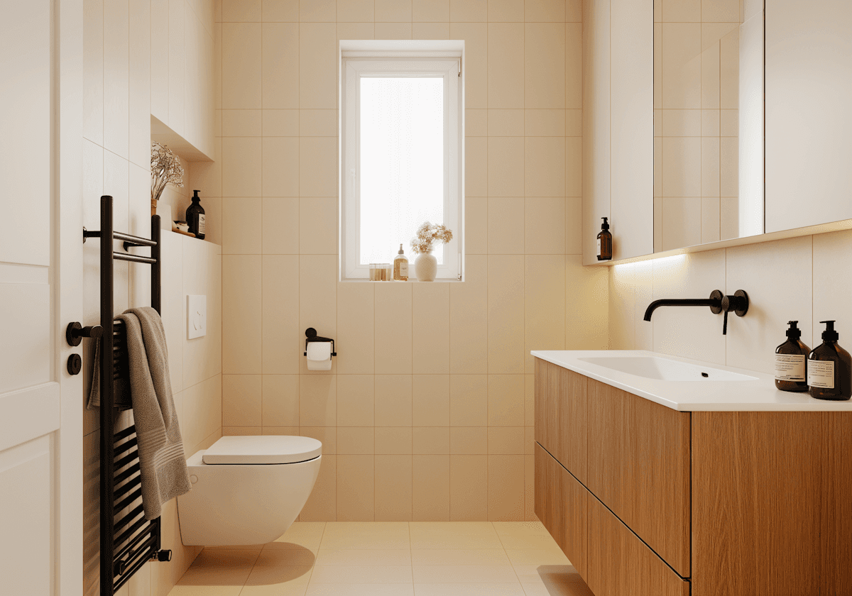Beige bathroom with wood vanity and wall-mounted faucet