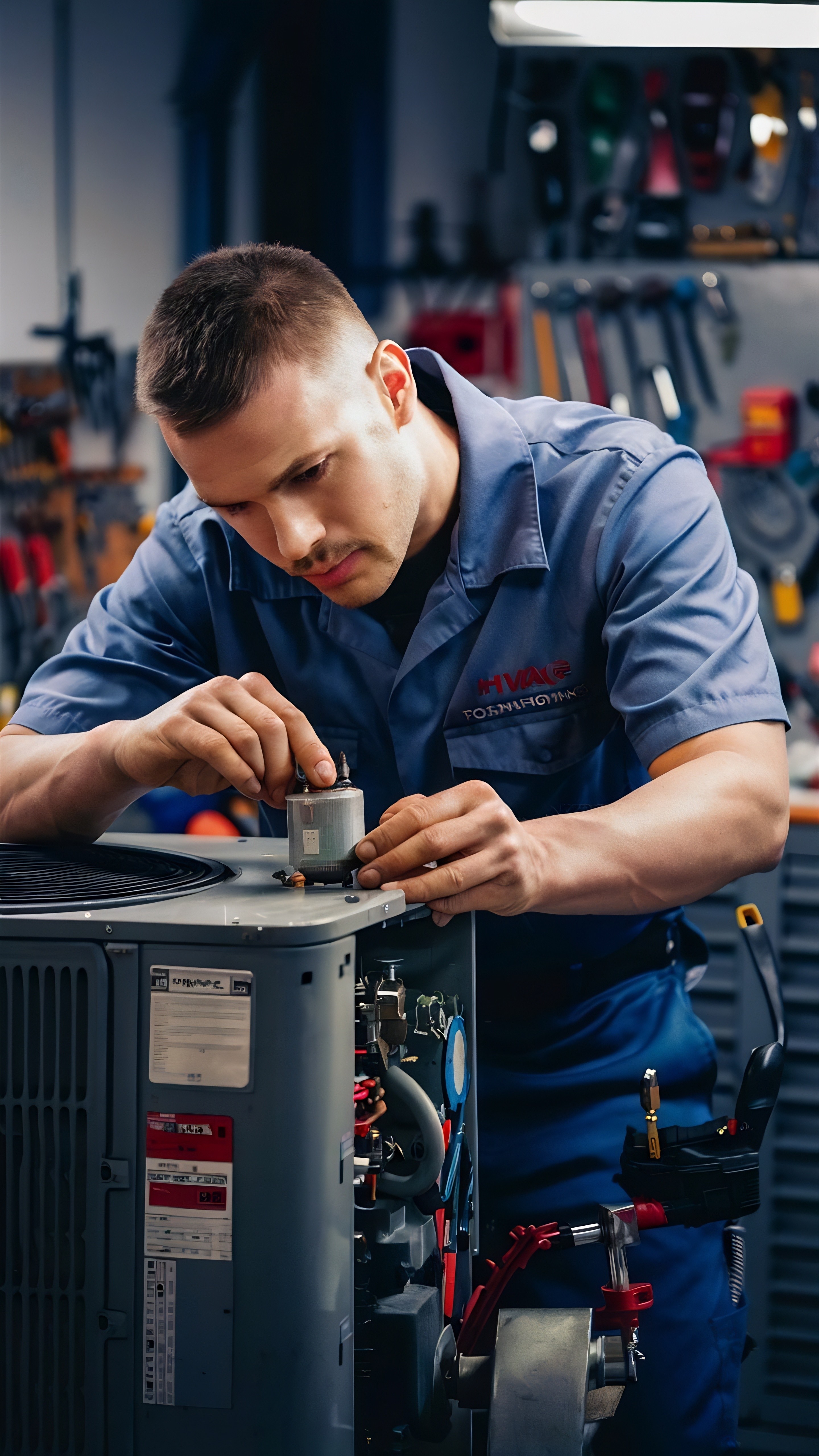 Technician servicing an outdoor HVAC unit