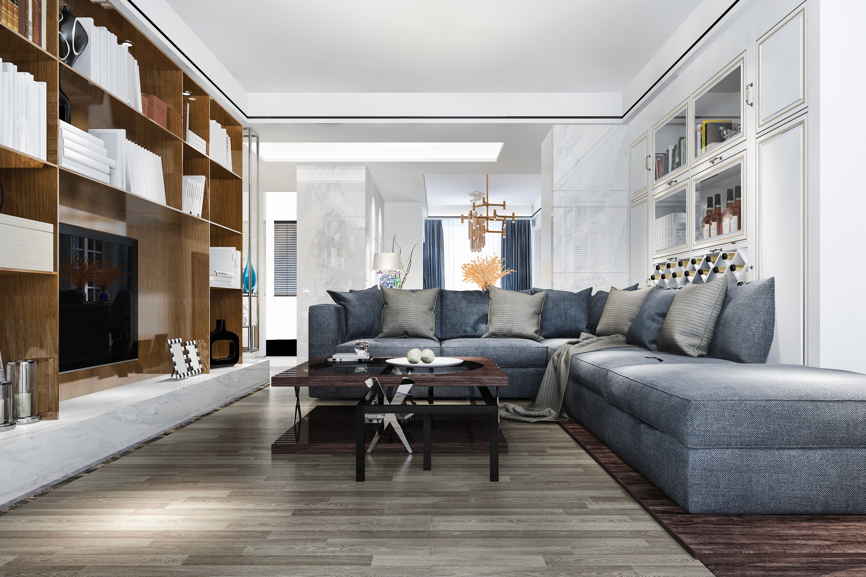 Open living room with gray sectional and wood coffee table